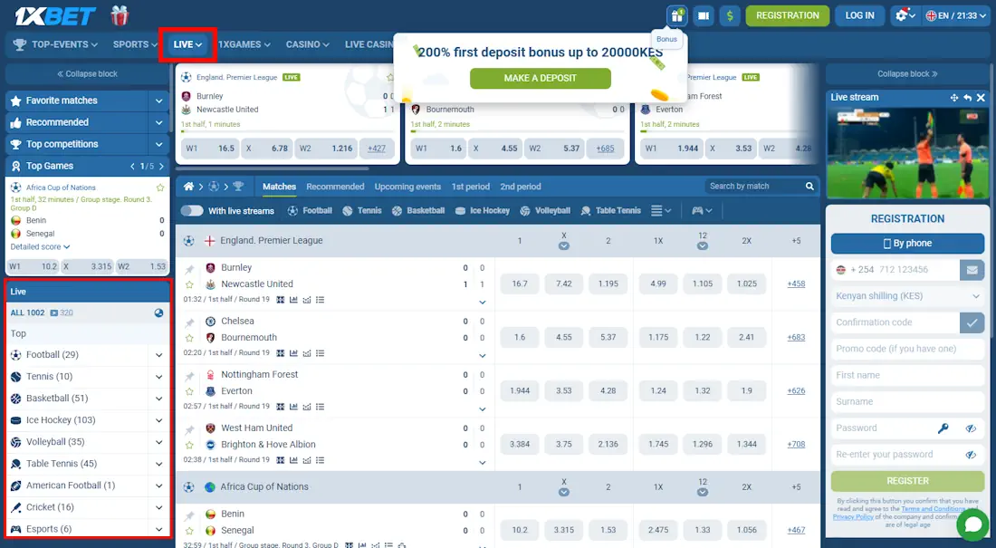 1xBet Live Betting Screenshot